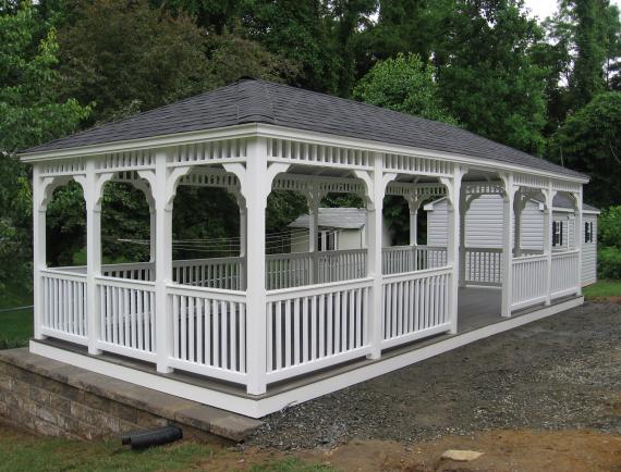rectangle gazebo with white vinyl railings