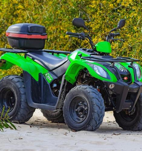 Bright green and black ATV 4 wheeler parked in sand with shrubbery in the background.