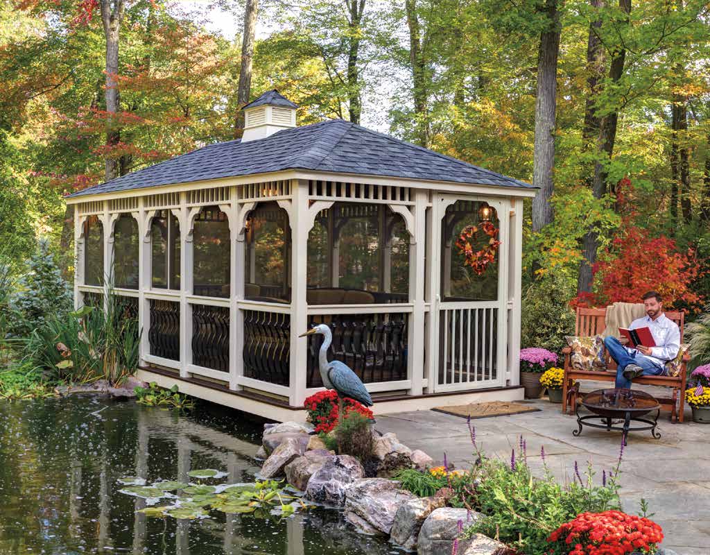 10x20 white rectangle gazebo with screened-in sides, a screen door, gray shingle roofing, and a cupola.