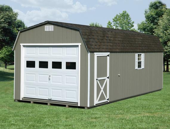 Dutch Barn Garage with dark gray siding, white trim, a white garage door with glass, a single entry side door, a white window with white shutters, and a dark asphalt roof.