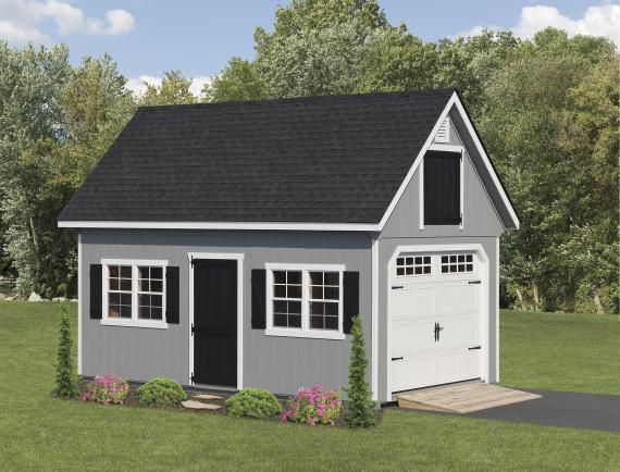 Elite Classic Garden Garage with light gray siding, white trim, a black single entry door, white windows with black shutters, a white garage door with glass, and black asphalt roofing.